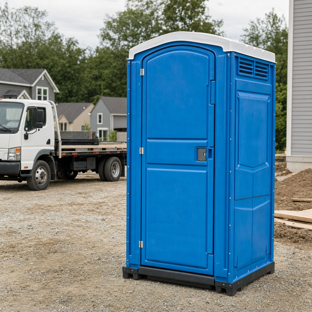 Delivery driver positioning a clean royal-blue portable toilet on level ground at a Reno worksite