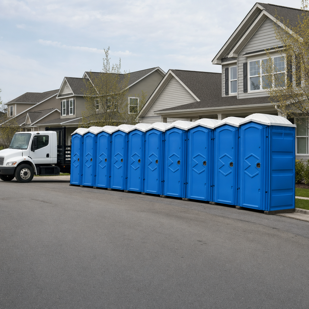 Royal blue portable toilets staged in a tidy row at a Reno jobsite, ready for delivery